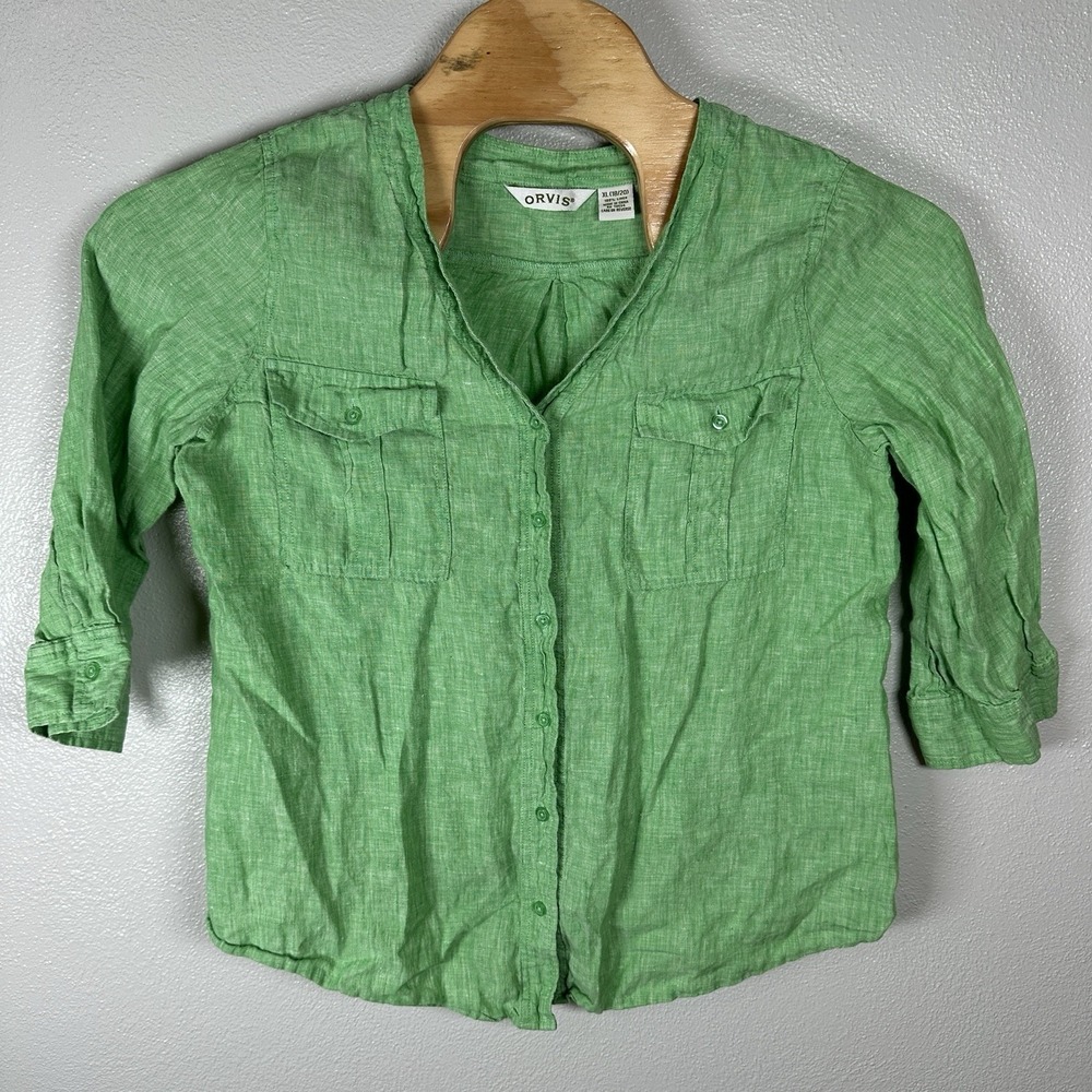 Orvis Lightweight Button Up Linen Shirt Womens XL 18/20 Green 3/4 Sleeves Vneck